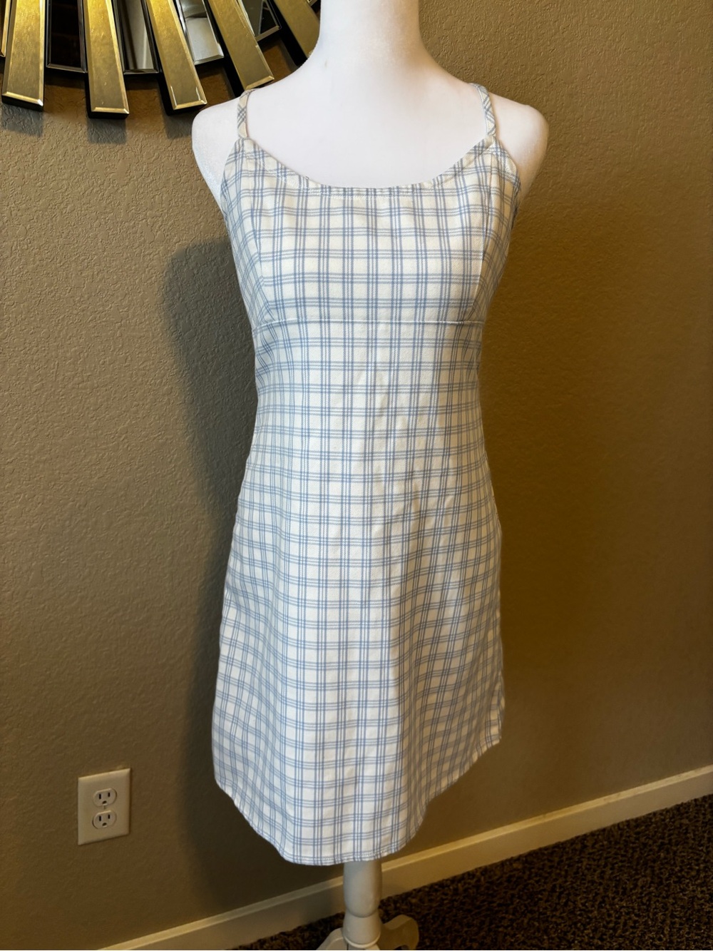 Brandy Melville Light Blue and White Plaid Slip Dress